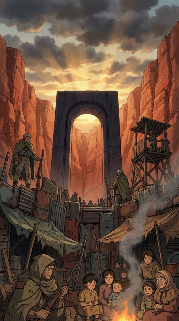 Cutscene panel: the fortified camp at dawn
